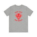 Gray premium lightweight T-shirt featuring vintage Clay City Red Devils baseball team logo in red print.