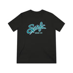 Black tri-blend t-shirt with turquoise Atlantic City Surf baseball script design, lightweight and breathable fabric.