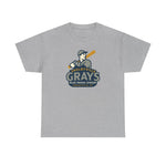 Gray Shelbyville Grays vintage baseball t-shirt featuring Blue Grass League logo and player holding bat on gray fabric
