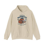 Beige hoodie with Paris Mammoths vintage baseball team logo from Blue Grass League, Paris Kentucky, retro design.