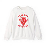 White crewneck sweatshirt with red Clay City Red Devils vintage baseball team logo front print