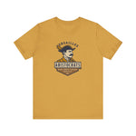 Mustard yellow t-shirt with vintage Versailles Aristocrats baseball team logo and Blue Grass League text in navy blue.