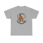 Gray Paris Bourbonites vintage baseball T-shirt with cartoon bourbon bottle holding bat and baseball design.