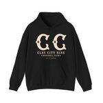 Black Clay City Nine hoodie with vintage baseball team logo and text in cream color on front