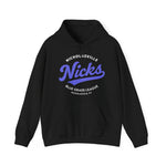 Black hoodie with vintage Nicholasville Nicks baseball team logo in blue and white from Blue Grass League Kentucky.