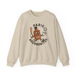 Beige crewneck sweatshirt with vintage Paris Bourbonites baseball team logo featuring a cartoon bourbon bottle holding a bat.