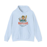 Light blue hoodie with vintage Lexington Parkette Hustlers baseball team logo and character holding cards and bat