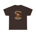 Brown heavyweight t-shirt featuring vintage Lawrenceburg Distillers baseball team logo from Blue Grass League, Kentucky.
