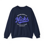 Navy crewneck sweatshirt with vintage Nicholasville Nicks Blue Grass League baseball team logo from Kentucky.