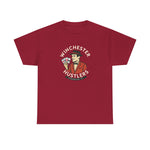 Maroon Winchester Hustlers vintage baseball team t-shirt with a gambler holding cards graphic and classic fit design