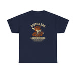 Navy heavyweight t-shirt featuring vintage Lawrenceburg Distillers Blue Grass League baseball team logo and mascot.