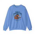 Light blue crewneck sweatshirt featuring vintage Paris Mammoths baseball team logo with mammoth holding a bat
