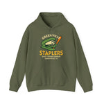 Olive green hoodie with vintage Greenville Staplers baseball team logo featuring a cartoon stapler holding a bat