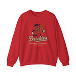 Red crewneck sweatshirt with vintage Olive Hill Brickies baseball team logo and mascot holding a bat