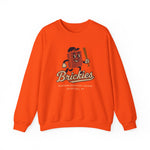 Orange crewneck sweatshirt featuring Olive Hill Brickies vintage baseball team logo from Eastern Kentucky League