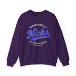 Purple crewneck sweatshirt featuring vintage Nicholasville Nicks Blue Grass League baseball team logo design