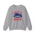 Gray crewneck sweatshirt featuring Mount Sterling Essex vintage car and baseball bats design in red and navy blue.