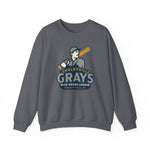Gray Shelbyville Grays crewneck sweatshirt with vintage Blue Grass League baseball player graphic and text design