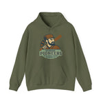 Olive green Richmond Pioneers vintage baseball hoodie with retro player graphic and pouch pocket