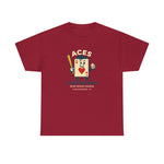 Maroon Flemingsburg Aces vintage baseball t-shirt with cartoon playing card holding bat and ball design