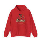 Red hoodie featuring vintage Olive Hill Brickies baseball logo from Eastern Kentucky League with kangaroo pouch pocket and drawstring hood