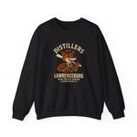 Black crewneck sweatshirt with vintage Lawrenceburg Distillers baseball team logo and mascot holding a bat