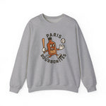 Gray crewneck sweatshirt featuring a vintage Paris Bourbonites baseball team logo with a cartoon bourbon bottle and baseball.