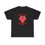 Black heavyweight t-shirt featuring vintage Clay City Red Devils baseball team logo in red on front center.