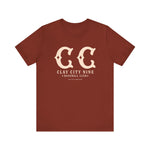 Brown premium lightweight t-shirt with vintage Clay City Nine baseball club logo from early 20th century Kentucky team