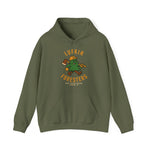 Olive green hoodie with vintage Lufkin Foresters baseball team logo featuring a cartoon tree character with an axe.
