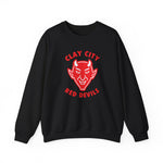 Black crewneck sweatshirt with vintage Clay City Red Devils baseball team red devil logo on front