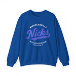 Blue crewneck sweatshirt with vintage Nicholasville Nicks baseball team logo from the Blue Grass League.