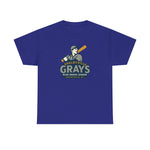 Blue Shelbyville Grays vintage baseball t-shirt featuring a batter graphic and Blue Grass League text
