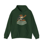 Dark green Richmond Pioneers vintage baseball hoodie with retro player graphic and text on front kangaroo pocket design