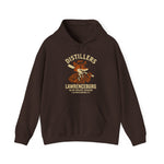 Brown hoodie featuring a vintage Lawrenceburg Distillers baseball team logo from the 1908 Blue Grass League.