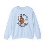 Light blue crewneck sweatshirt featuring vintage Paris Bourbonites baseball team logo with cartoon bourbon bottle and baseball.