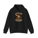 Black hoodie featuring vintage Lawrenceburg Distillers baseball team logo from Kentucky's Blue Grass League.