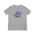 Lightweight grey Camden Riversharks baseball t-shirt with blue shark and bridge graphic logo on front