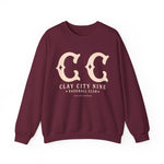 Maroon Clay City Nine crewneck sweatshirt with vintage baseball logo and text on front, classic fit and durable fabric.