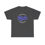 Dark gray heavyweight T-shirt with vintage Nicholasville Nicks Blue Grass League baseball team logo in blue and white.