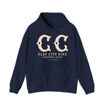 Navy blue hoodie with vintage Clay City Nine baseball team logo and text in cream color on front.