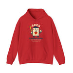 Red Flemingsburg Aces hoodie with vintage baseball card and bat graphic for Blue Grass League team apparel