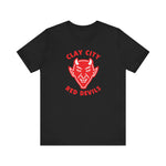 Black premium lightweight t-shirt featuring vintage red Clay City Red Devils baseball team logo and text design.