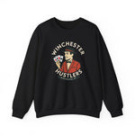 Black crewneck sweatshirt featuring a retro Winchester Hustlers vintage baseball team logo design