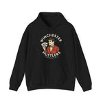 Black hoodie featuring a vintage Winchester Hustlers logo with a man holding playing cards and retro style text.