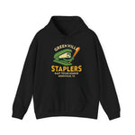 Black hoodie featuring a vintage Greenville Staplers baseball team logo with a stapler holding a bat design.