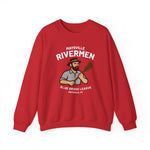 Red Maysville Rivermen crewneck sweatshirt featuring vintage baseball player graphic and Blue Grass League text