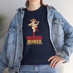 Providence Rubes Heavyweight T-Shirt in navy with the Providence Rubes logo, a 1920s pitcher in a straw farmer's hat with a stalk of wheat in his teeth at the top of his leg kick, over Providence Rubes 1926 Champions on the front, worn by model