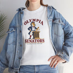 Olympia Senators Heavyweight T-Shirt in white with the Olympia Senators logo, a bearded senator in a frock coat at a podium with a bat on the front, worn by model