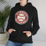 Tri-Cities Triplets Hoodie in black with the Tri-Cities Triplets logo, red lettering circling a baseball on the front, worn by model